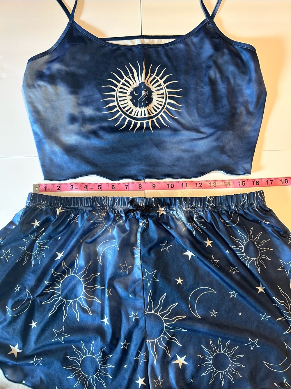 Satin Sun & Moon Navy Blue Cami and Shorts Sleep Set - Picture 5 of 10